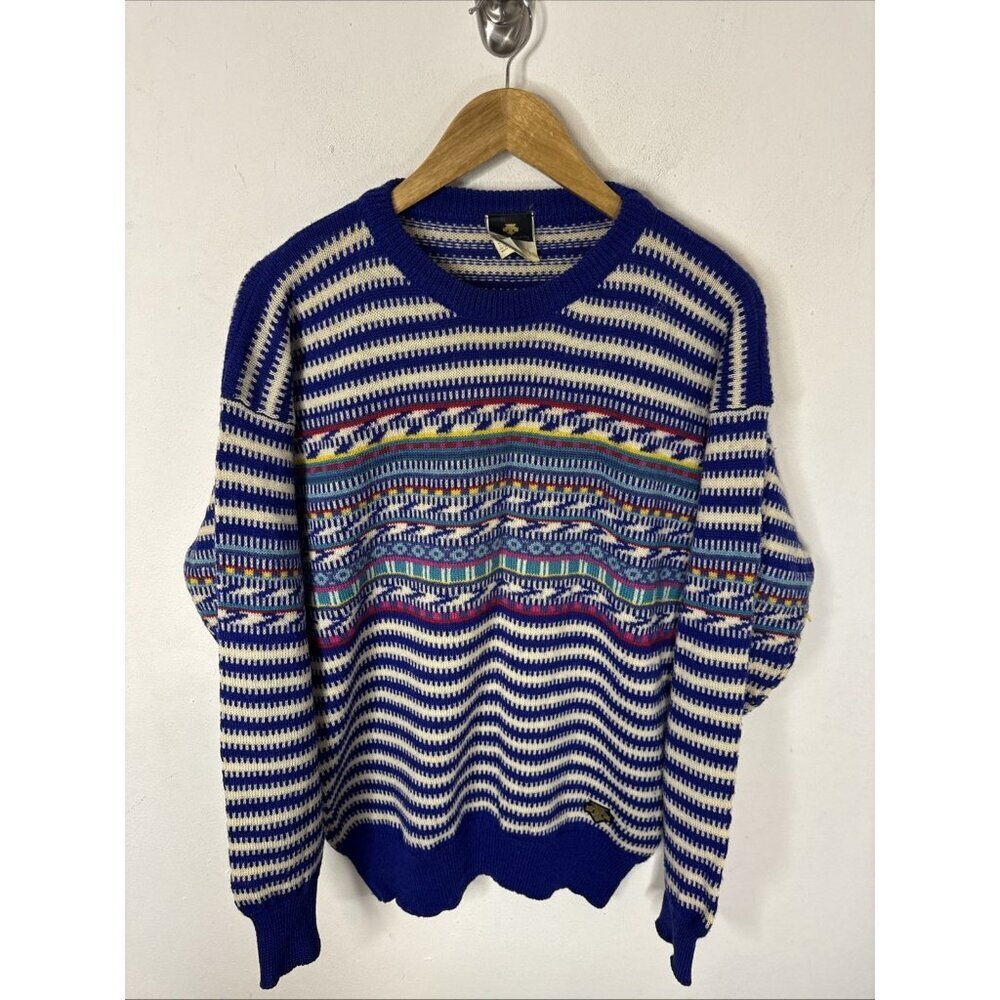 Vintage Descente Wool Sweater Men’s Large Blue White Striped Knit Ski Hong Kong